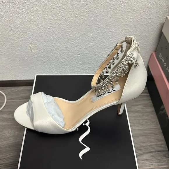 Nina Ivory Luster Satin Embellished Women's Heels