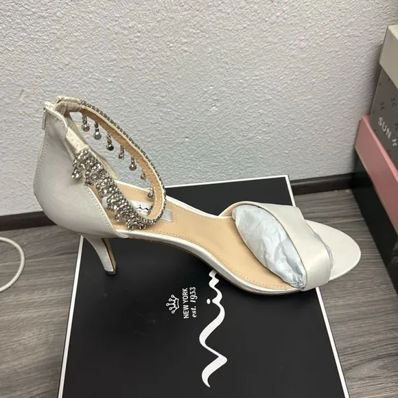 Nina Ivory Luster Satin Embellished Women's Heels