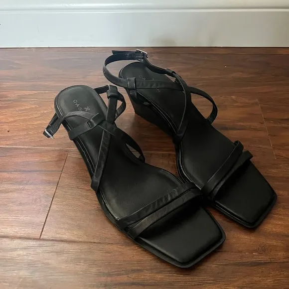 Nordstrom Caslon Square Toe Wedge Sandal in Black NWOT-Size 8