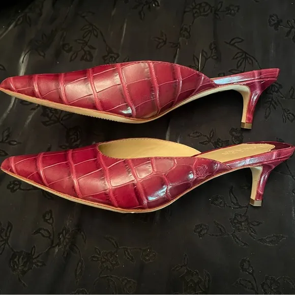NWOB Lauren Ralph Lauren Women's 6B Burgundy Animal Print Leather Mules 2 1/2&quot;