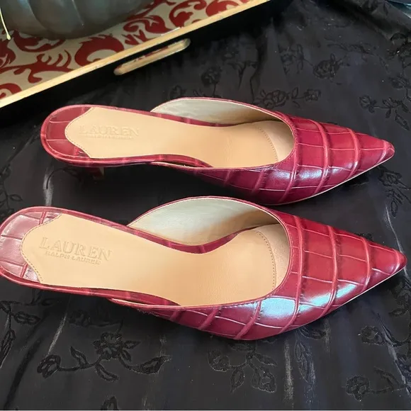 NWOB Lauren Ralph Lauren Women's 6B Burgundy Animal Print Leather Mules 2 1/2&quot;