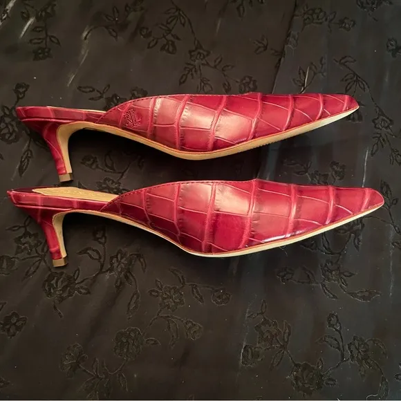 NWOB Lauren Ralph Lauren Women's 6B Burgundy Animal Print Leather Mules 2 1/2&quot;