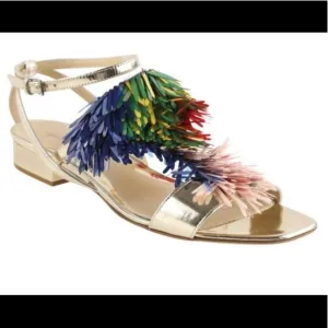 NWOT Monique Lhuilliet Gold fringe sandals multicolored summer vacation party