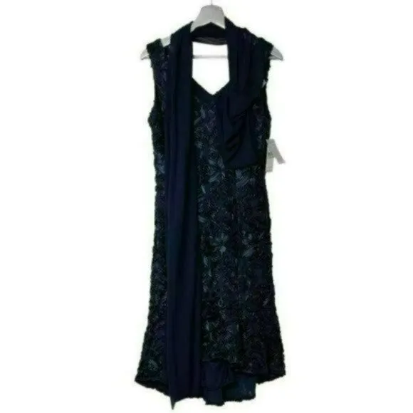 NWT Alex Evening Soutache Embroidered Flounce Hem Sleeveless Hi-Low Dress Shawl