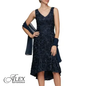 NWT Alex Evening Soutache Embroidered Flounce Hem Sleeveless Hi-Low Dress Shawl
