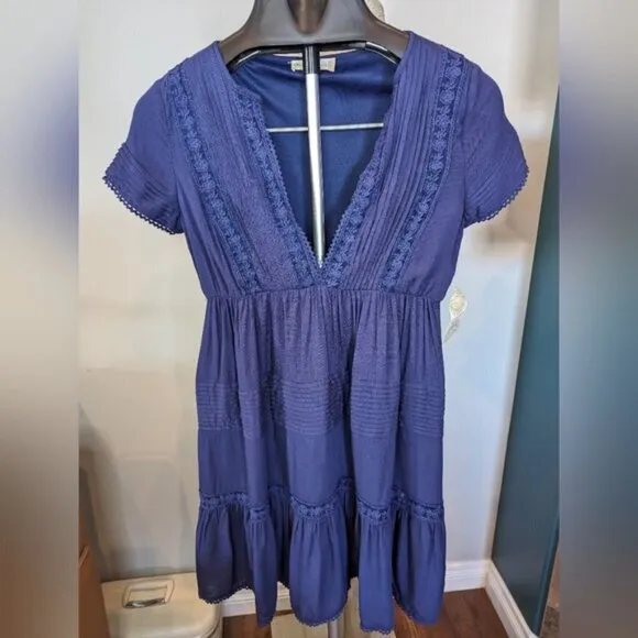 NWT Altar’d State indigo blue tiered embroidered mini dress size XS