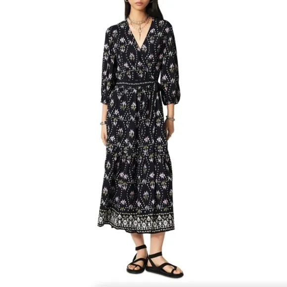 NWT Ba&amp;sh Nerla Robe Bleu Nuit Midnight Navy Blue Ikat Wrap Midi Maxi Dress