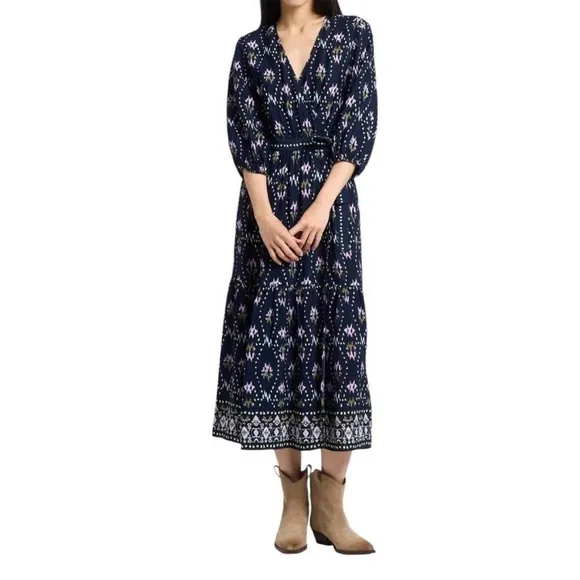 NWT Ba&amp;sh Nerla Robe Bleu Nuit Midnight Navy Blue Ikat Wrap Midi Maxi Dress