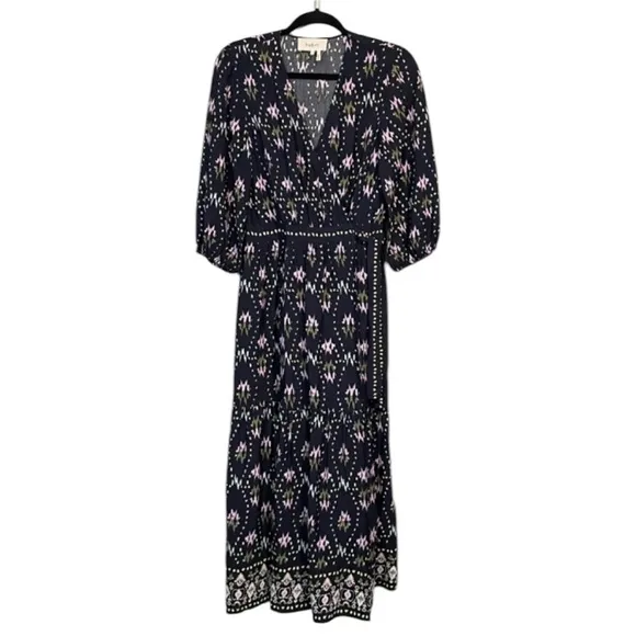 NWT Ba&amp;sh Nerla Robe Bleu Nuit Midnight Navy Blue Ikat Wrap Midi Maxi Dress