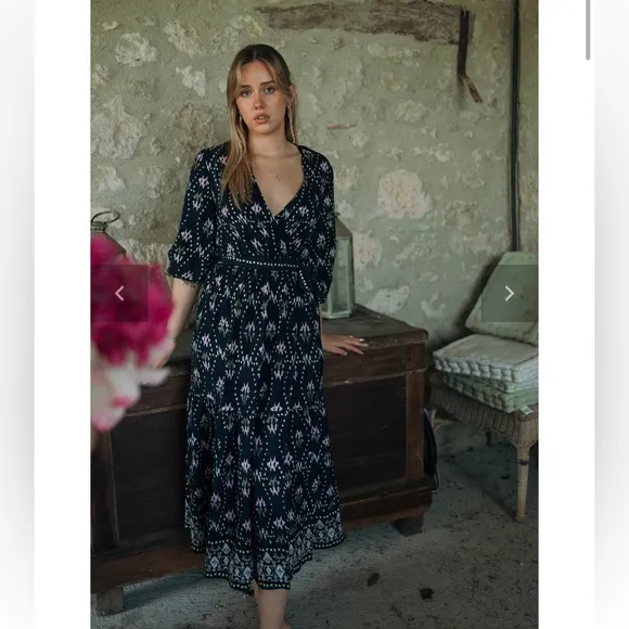 NWT Ba&amp;sh Nerla Robe Bleu Nuit Midnight Navy Blue Ikat Wrap Midi Maxi Dress
