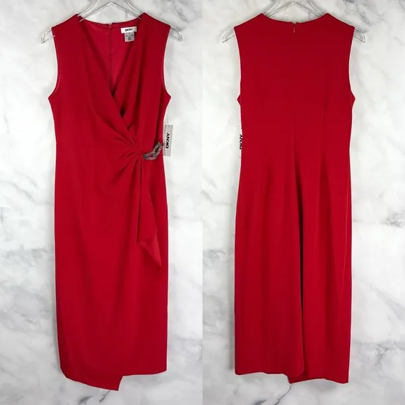 NWT DKNY Surplice V Neck Faux Wrap Midi Dress Red Formal Party Mature Modest 6