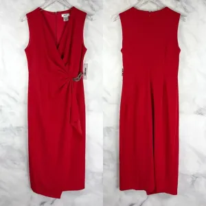 NWT DKNY Surplice V Neck Faux Wrap Midi Dress Red Formal Party Mature Modest 6