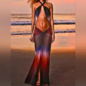 NWT European Sunset Summer Strappy Sexy Backless Mesh Printed Dress Sz L