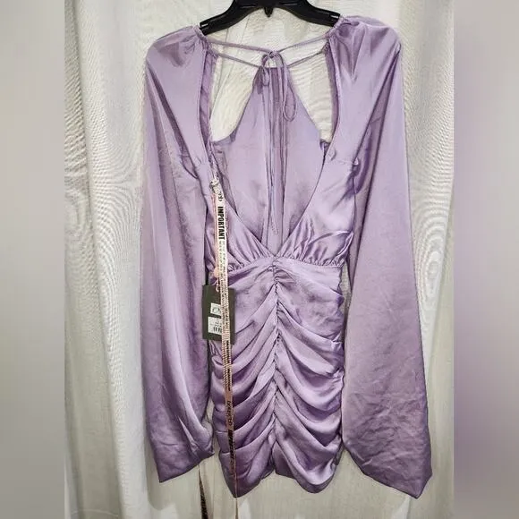 NWT House of CB Kate Satin Purple Wrap Front Ruched Mini‎ Dress L