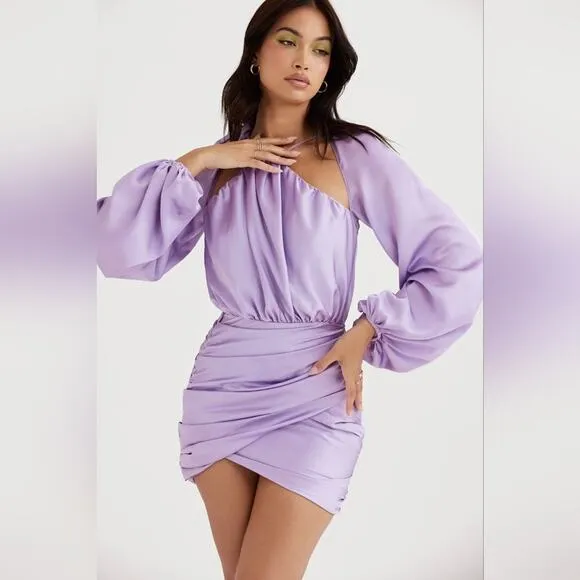 NWT House of CB Kate Satin Purple Wrap Front Ruched Mini‎ Dress L