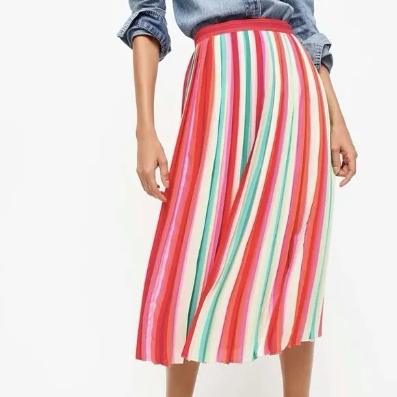 NWT J. Crew Sunburst Pleated Midi Skirt In Watermelon Stripe