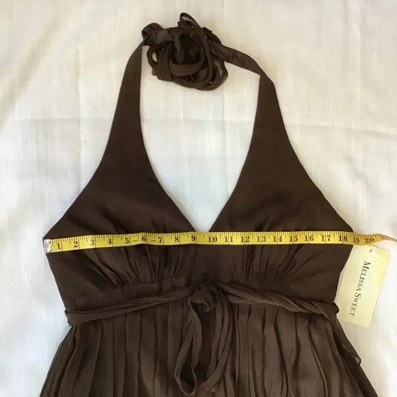 NWT- MELISSA SWEET WOMEN COCO BROWN HALTERED PLEATED BUBBLE BRIDESMAID DRESS 14