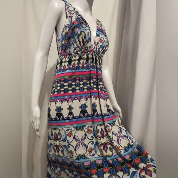 Nwt Natori Sz S Floral Aztec Tribal Geometric Flowy V Neck Maxi Dress Bohemian
