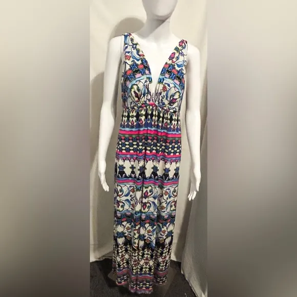 Nwt Natori Sz S Floral Aztec Tribal Geometric Flowy V Neck Maxi Dress Bohemian
