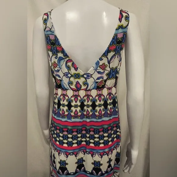 Nwt Natori Sz S Floral Aztec Tribal Geometric Flowy V Neck Maxi Dress Bohemian