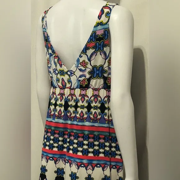Nwt Natori Sz S Floral Aztec Tribal Geometric Flowy V Neck Maxi Dress Bohemian