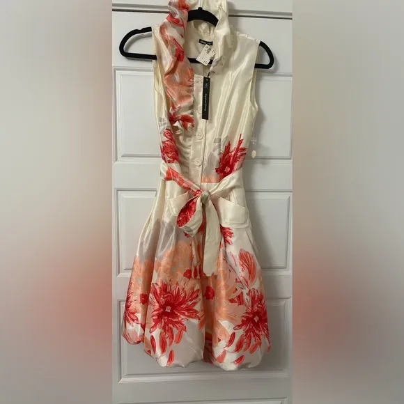 NWT Samuel Dong Cream Coral Ruffle Bubble Sleeveless Dress (XS) Small Medium 6 8