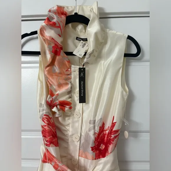 NWT Samuel Dong Cream Coral Ruffle Bubble Sleeveless Dress (XS) Small Medium 6 8