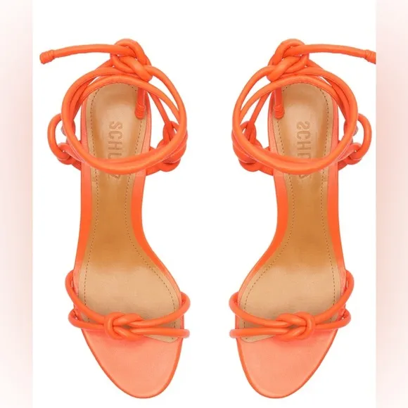 NWT! Schutz Binky Orange‎ Leather Strappy Sandals Block Heel Ankle Tie Party 9