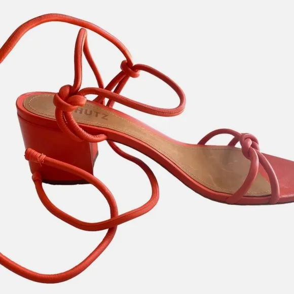 NWT! Schutz Binky Orange‎ Leather Strappy Sandals Block Heel Ankle Tie Party 9