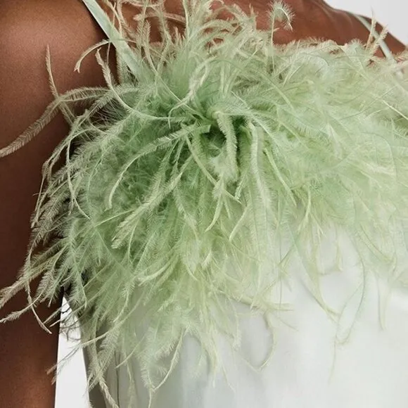 NWT Sleeper Boheme Mini Slip Dress with Feathers in Mint