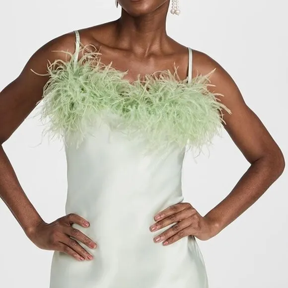 NWT Sleeper Boheme Mini Slip Dress with Feathers in Mint
