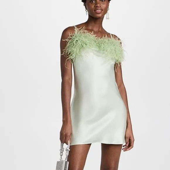NWT Sleeper Boheme Mini Slip Dress with Feathers in Mint