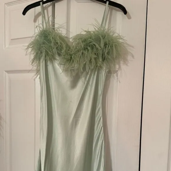 NWT Sleeper Boheme Mini Slip Dress with Feathers in Mint