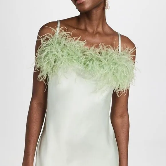 NWT Sleeper Boheme Mini Slip Dress with Feathers in Mint
