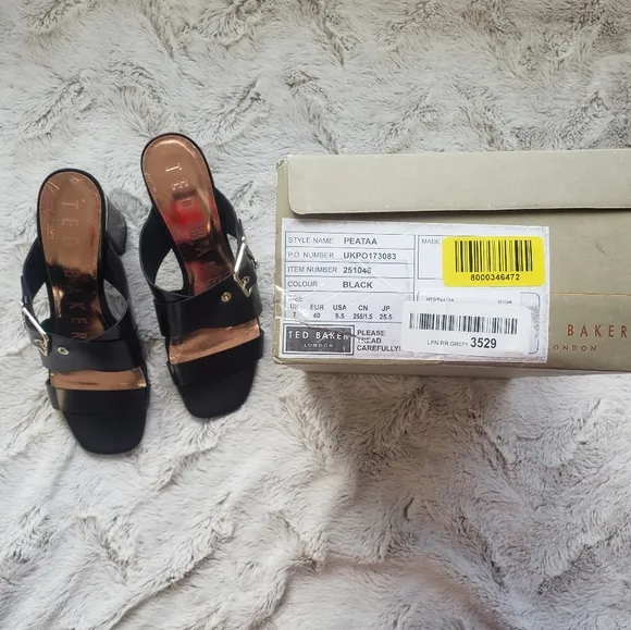 NWT Ted Baker London Black &quot;Peataa&quot; Open Toe Mule Heel Sandals, EU 40 (US 9.5)