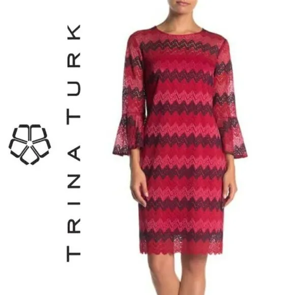 NWT TRINA TRINA TURK Lovey Bell Sleeves Chevron Print Party Mini Dress