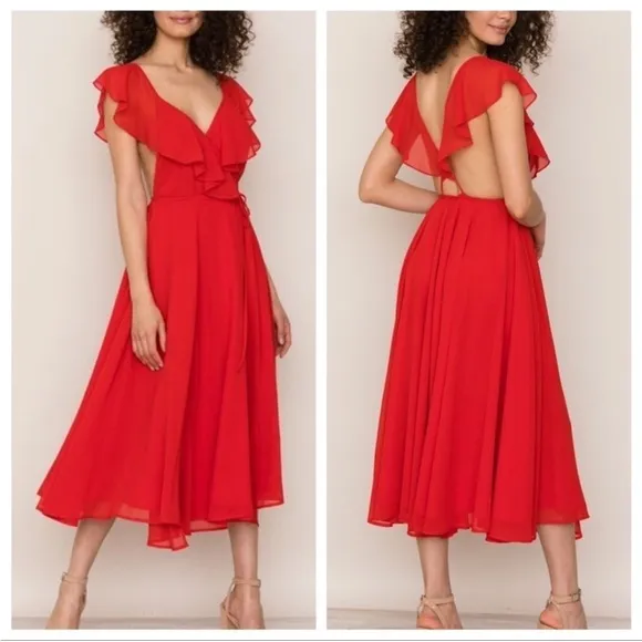 NWT Yumi Kim Red Wrap Midi Dress - Ruffle Open Back Cocktail Dress - Size M