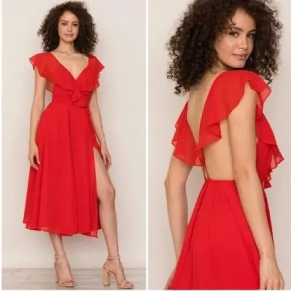 NWT Yumi Kim Red Wrap Midi Dress - Ruffle Open Back Cocktail Dress - Size M