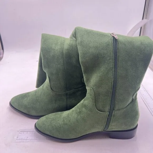 Pazzion Women Almond Toe Knee High Boots with Partial Zipper Stretchy Green Shoe