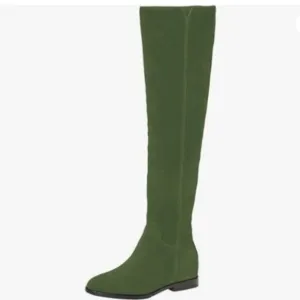 Pazzion Women Almond Toe Knee High Boots with Partial Zipper Stretchy Green Shoe