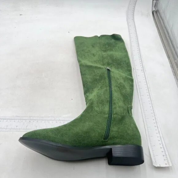 Pazzion Women Almond Toe Knee High Boots with Partial Zipper Stretchy Green Shoe