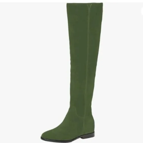 Pazzion Women Almond Toe Knee High Boots with Partial Zipper Stretchy Green Shoe