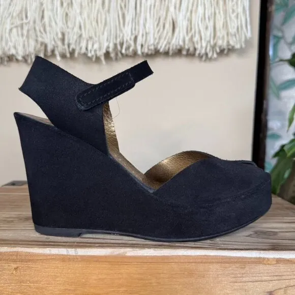 Pedro Garcia Black Genuine Suede Peep Toe Ankle Strap Platform Wedge Sandal