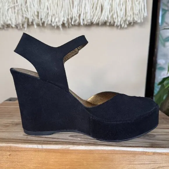 Pedro Garcia Black Genuine Suede Peep Toe Ankle Strap Platform Wedge Sandal