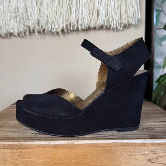 Pedro Garcia Black Genuine Suede Peep Toe Ankle Strap Platform Wedge Sandal