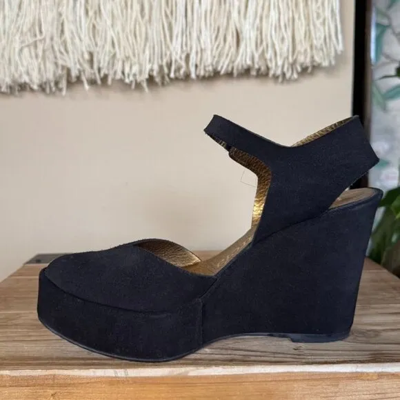 Pedro Garcia Black Genuine Suede Peep Toe Ankle Strap Platform Wedge Sandal
