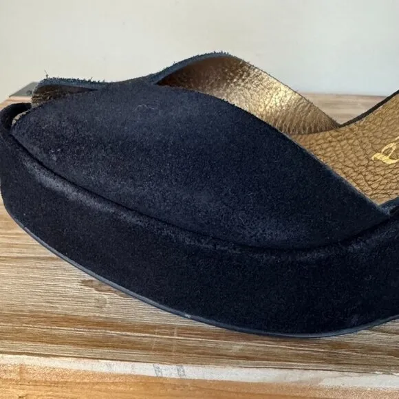 Pedro Garcia Black Genuine Suede Peep Toe Ankle Strap Platform Wedge Sandal