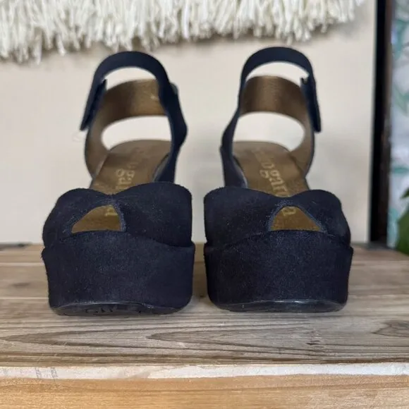 Pedro Garcia Black Genuine Suede Peep Toe Ankle Strap Platform Wedge Sandal