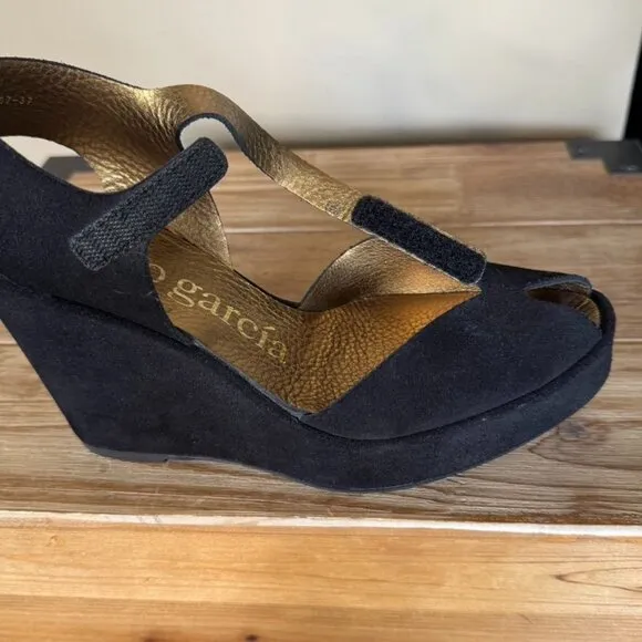 Pedro Garcia Black Genuine Suede Peep Toe Ankle Strap Platform Wedge Sandal
