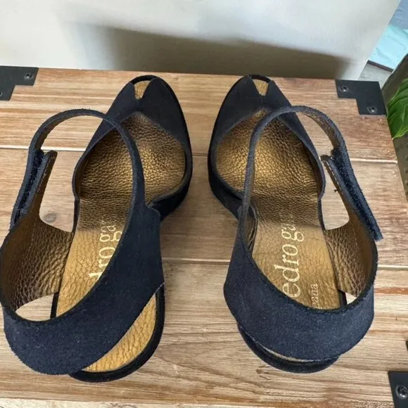 Pedro Garcia Black Genuine Suede Peep Toe Ankle Strap Platform Wedge Sandal